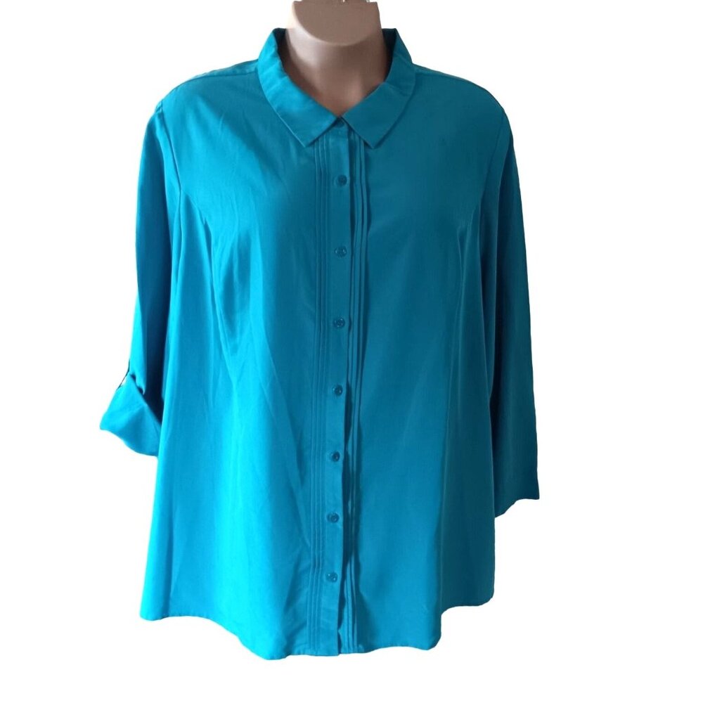 Catherine's Women Plus Size Blue Modal Button Down Long Roll Tab Sleeves Shirt